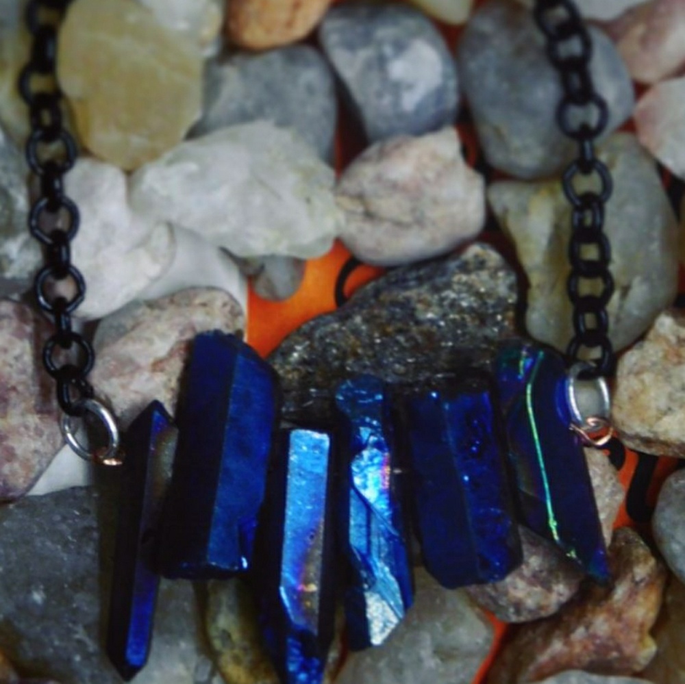 Blue metallic crystal necklace boho high end rave